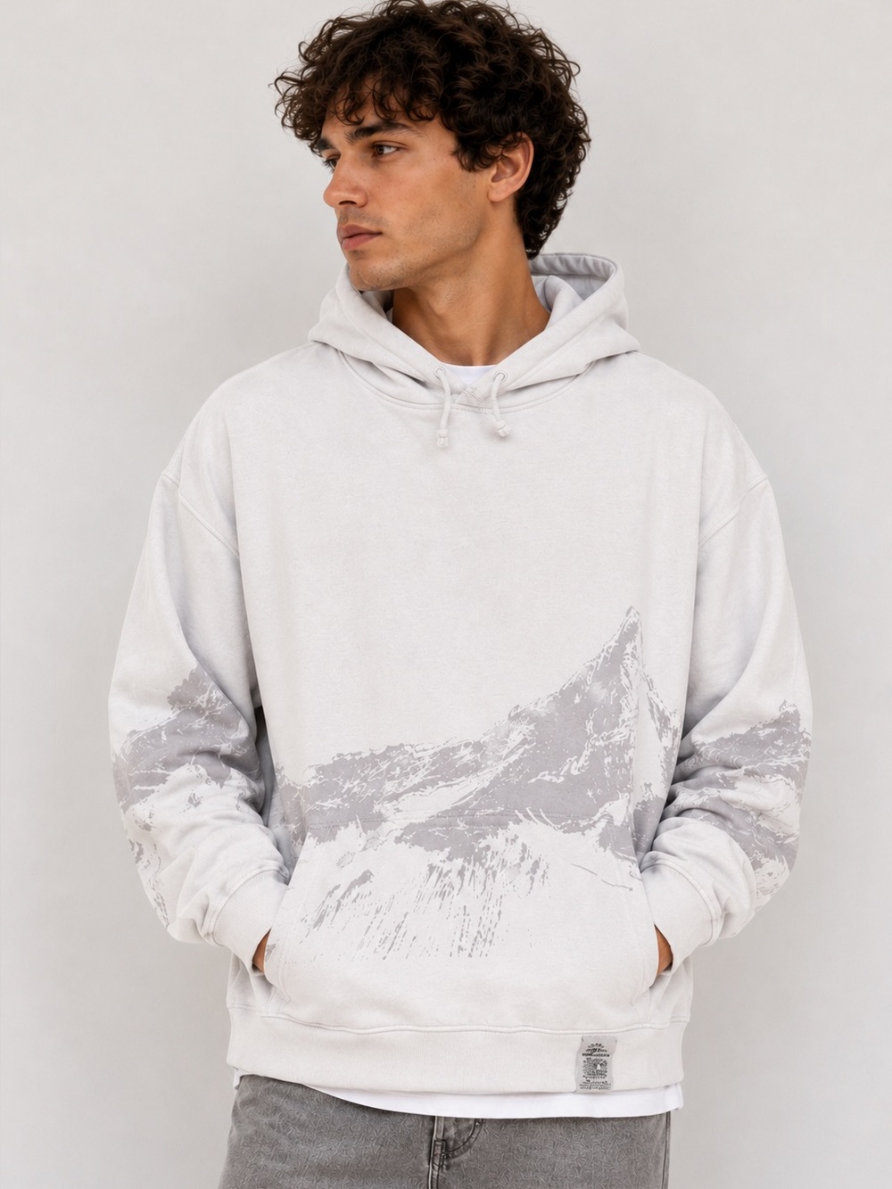 Topman Mountain Graphic Fleece Hoodie White Gray L
